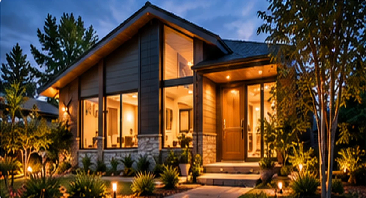 Welcoming modern home illuminated at dusk