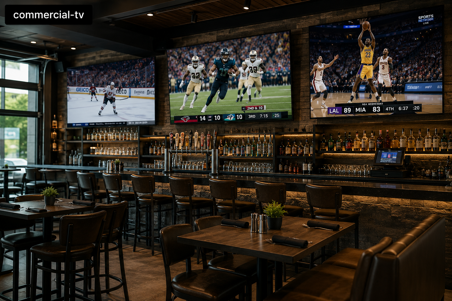 Modern sports bar with multiple commercial televisions