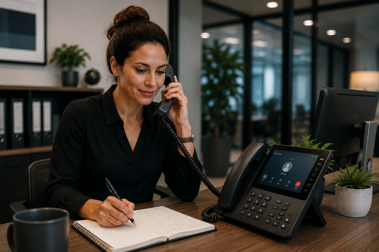 Office employee using a modern VoIP phone system